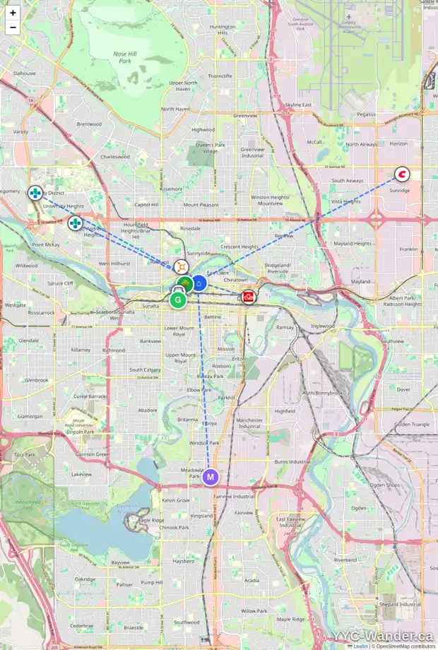 Daily accessibility map for 605 816 4 AV SW, Calgary showing nearby schools, grocery stores, parks, LRT stations and nearby amenities