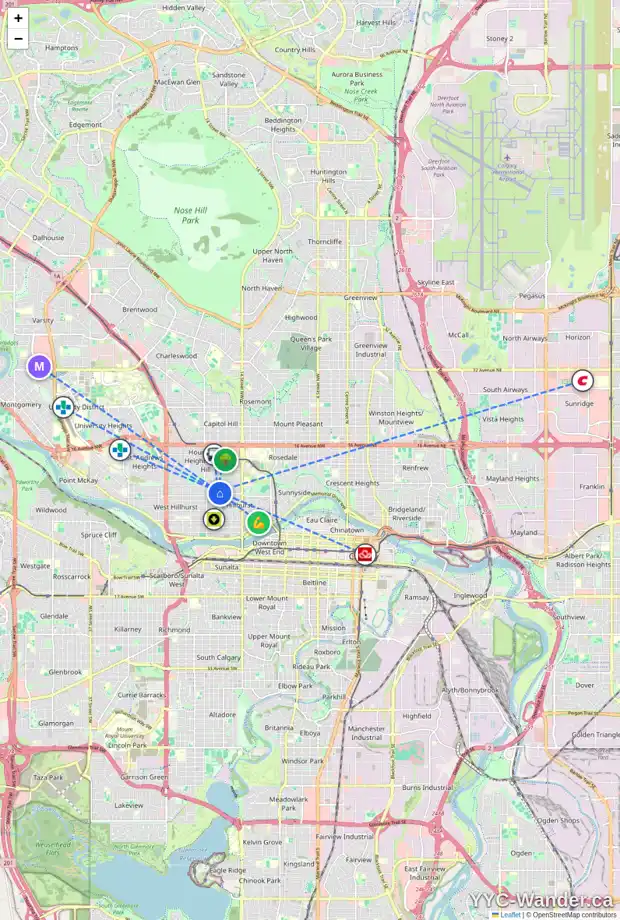 Daily accessibility map for 1778 6 AV NW, Calgary showing nearby schools, grocery stores, parks, LRT stations and nearby amenities
