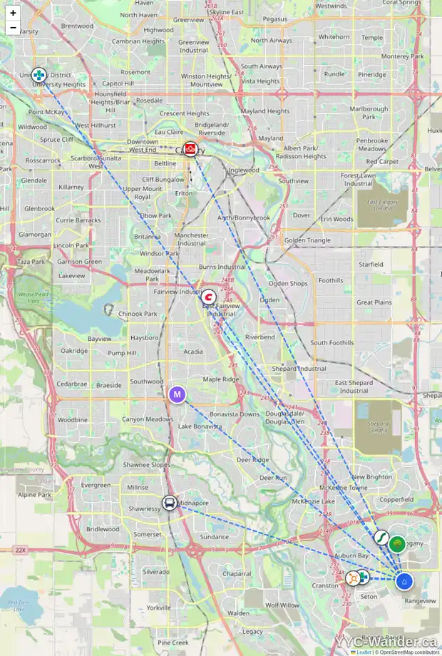Daily accessibility map for 91 BARTLETT RO SE, Calgary showing nearby schools, grocery stores, parks, LRT stations and nearby amenities