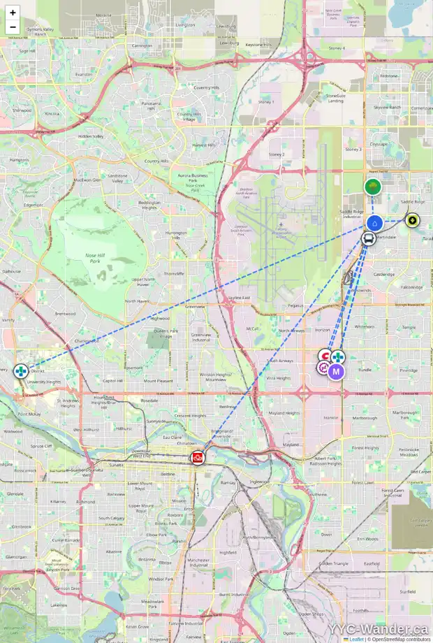 Daily accessibility map for 13 MARTHA'S MEADOW BA NE, Calgary showing nearby schools, grocery stores, parks, LRT stations and nearby amenities