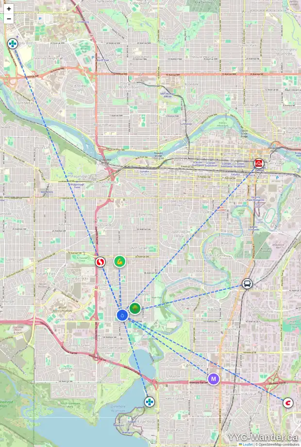Daily accessibility map for 2039 48 AV SW, Calgary showing nearby schools, grocery stores, parks, LRT stations and nearby amenities