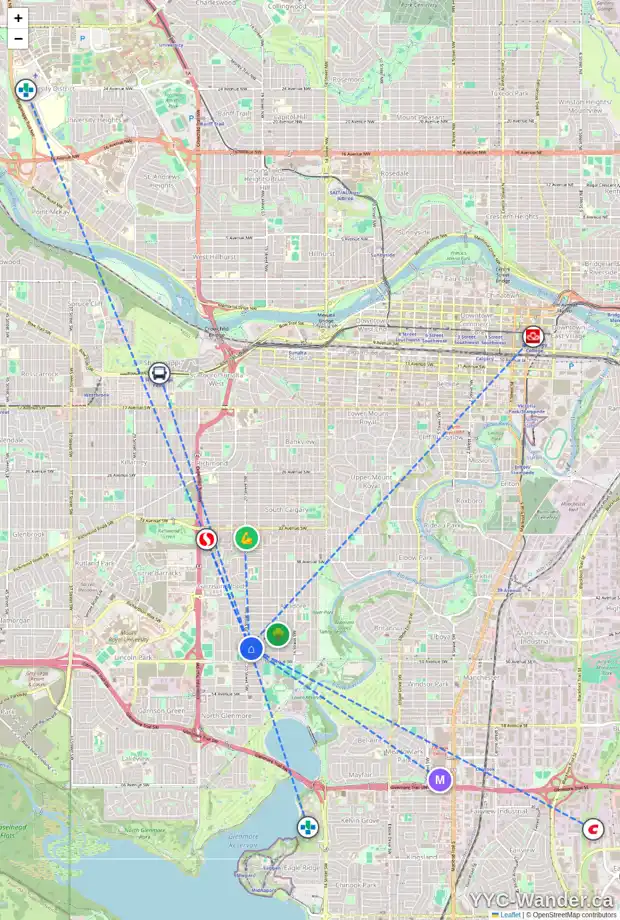 Daily accessibility map for 2041 48 AV SW, Calgary showing nearby schools, grocery stores, parks, LRT stations and nearby amenities