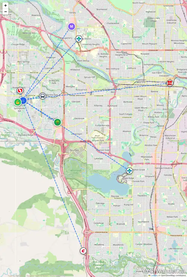 Daily accessibility map for 129 2117 81 ST SW, Calgary showing nearby schools, grocery stores, parks, LRT stations and nearby amenities