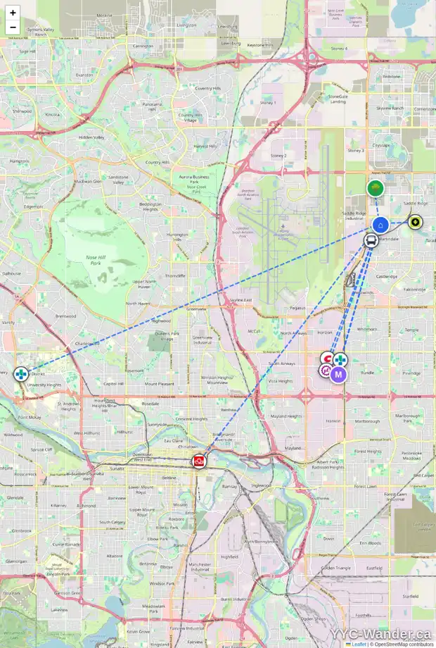 Daily accessibility map for 18 MARTHA'S MEADOW DR NE, Calgary showing nearby schools, grocery stores, parks, LRT stations and nearby amenities
