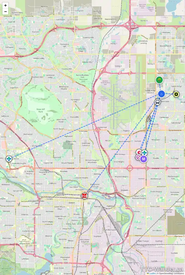 Daily accessibility map for 58 MARTHA'S MEADOW DR NE, Calgary showing nearby schools, grocery stores, parks, LRT stations and nearby amenities
