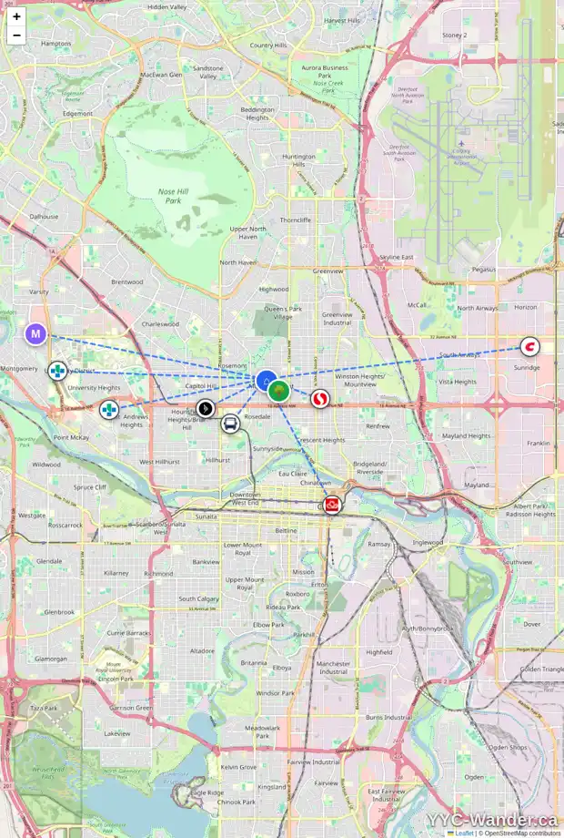 Daily accessibility map for 812 22 AV NW, Calgary showing nearby schools, grocery stores, parks, LRT stations and nearby amenities