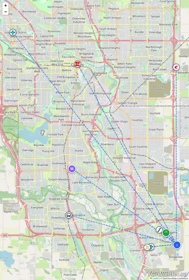 Daily accessibility map for 214 1750 RANGEVIEW DR SE, Calgary showing nearby schools, grocery stores, parks, LRT stations and nearby amenities
