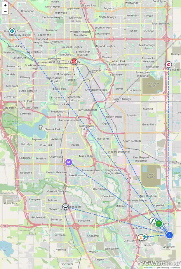 Daily accessibility map for 207 1750 RANGEVIEW DR SE, Calgary showing nearby schools, grocery stores, parks, LRT stations and nearby amenities