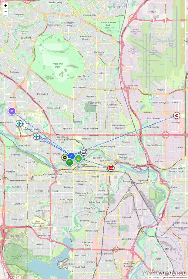 Daily accessibility map for 210B 16 ST NW, Calgary showing nearby schools, grocery stores, parks, LRT stations and nearby amenities
