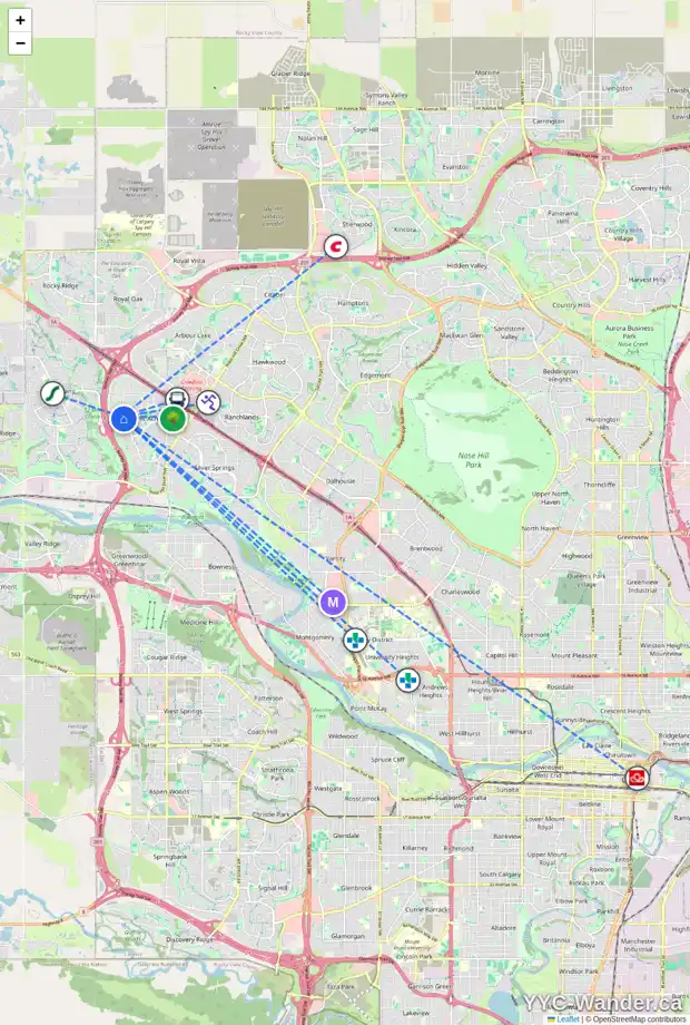 Daily accessibility map for 164 SCHOONER CL NW, Calgary showing nearby schools, grocery stores, parks, LRT stations and nearby amenities