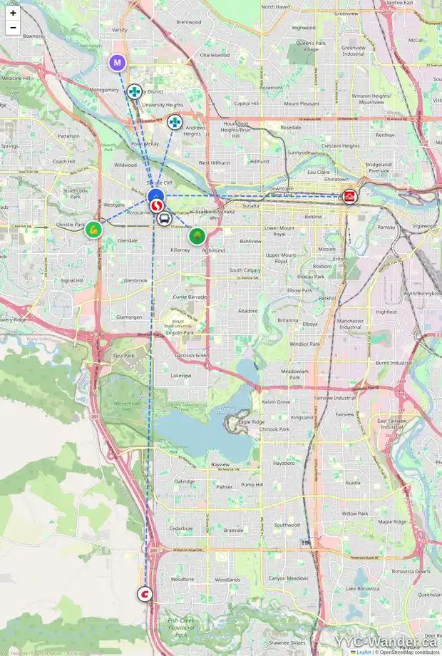 Daily accessibility map for 640 37 ST SW, Calgary showing nearby schools, grocery stores, parks, LRT stations and nearby amenities
