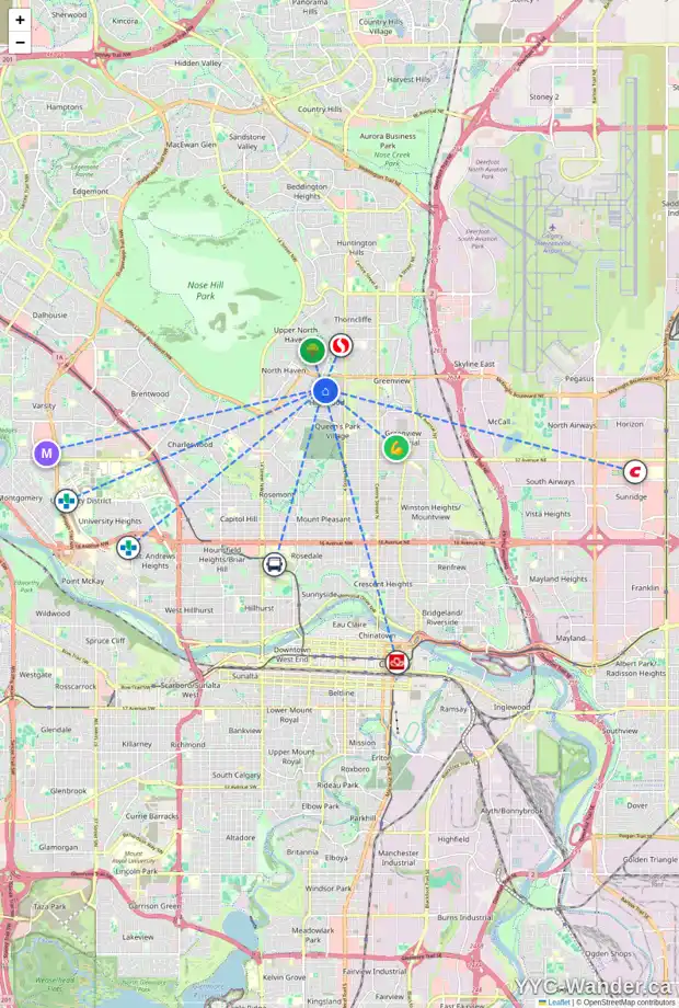 Daily accessibility map for 13 HARTFORD PL NW, Calgary showing nearby schools, grocery stores, parks, LRT stations and nearby amenities