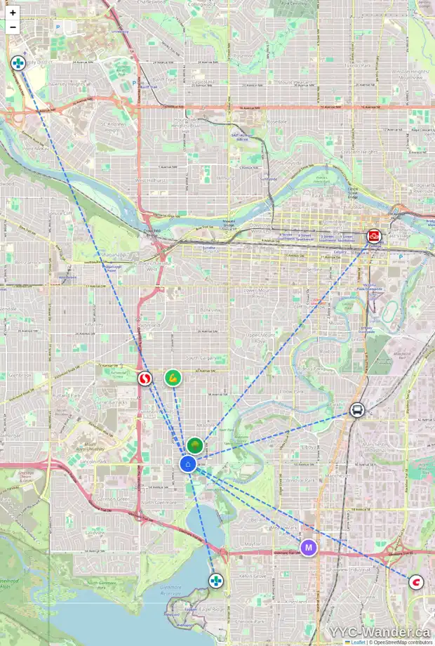 Daily accessibility map for 1940 50 AV SW, Calgary showing nearby schools, grocery stores, parks, LRT stations and nearby amenities