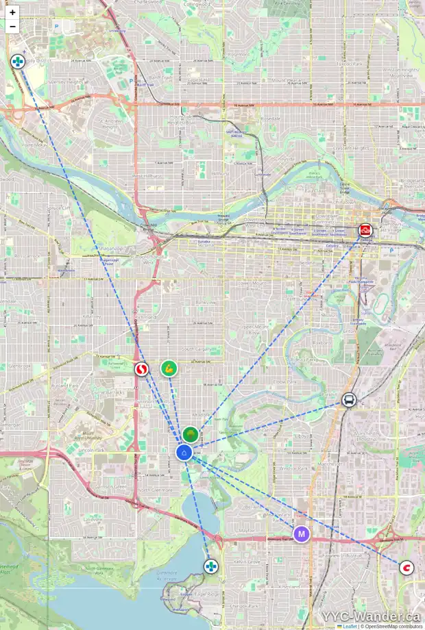 Daily accessibility map for 1938 50 AV SW, Calgary showing nearby schools, grocery stores, parks, LRT stations and nearby amenities