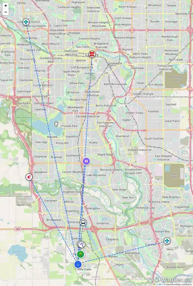 Daily accessibility map for 84 CREEKSIDE DR SW, Calgary showing nearby schools, grocery stores, parks, LRT stations and nearby amenities
