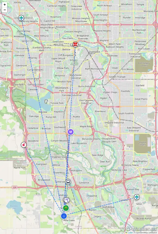 Daily accessibility map for 64 CREEKSIDE DR SW, Calgary showing nearby schools, grocery stores, parks, LRT stations and nearby amenities