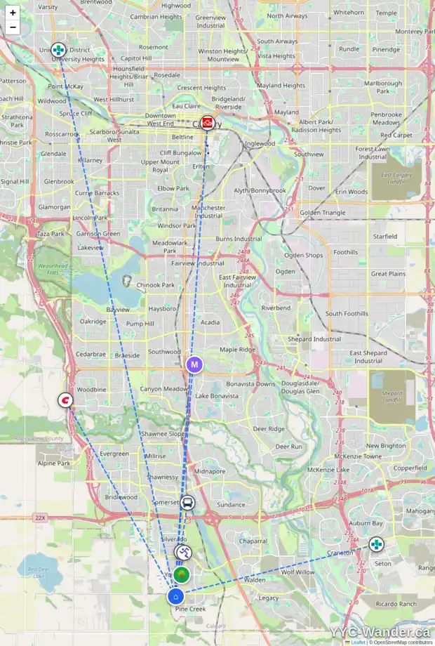 Daily accessibility map for 52 CREEKSIDE DR SW, Calgary showing nearby schools, grocery stores, parks, LRT stations and nearby amenities