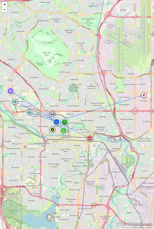 Daily accessibility map for 1718 7 AV NW, Calgary showing nearby schools, grocery stores, parks, LRT stations and nearby amenities