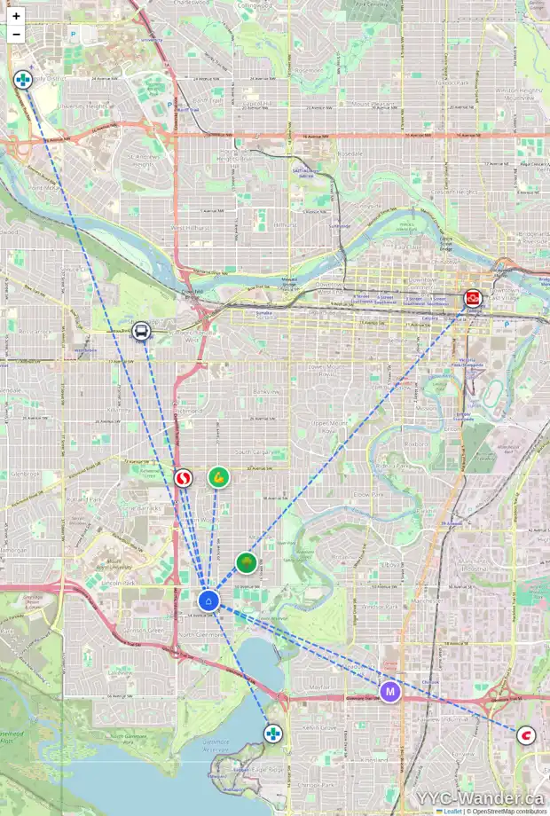 Daily accessibility map for 5220 21 ST SW, Calgary showing nearby schools, grocery stores, parks, LRT stations and nearby amenities