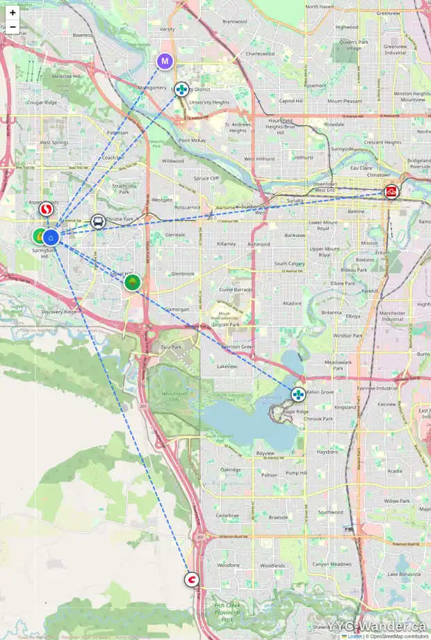 Daily accessibility map for 164 2231 81 ST SW, Calgary showing nearby schools, grocery stores, parks, LRT stations and nearby amenities