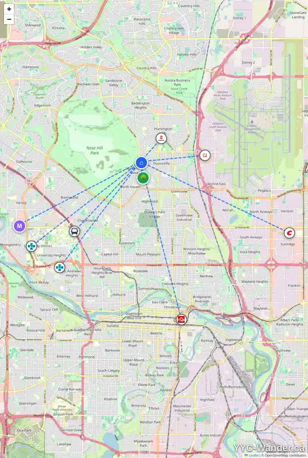 Daily accessibility map for 207 THEODORE PL NW, Calgary showing nearby schools, grocery stores, parks, LRT stations and nearby amenities