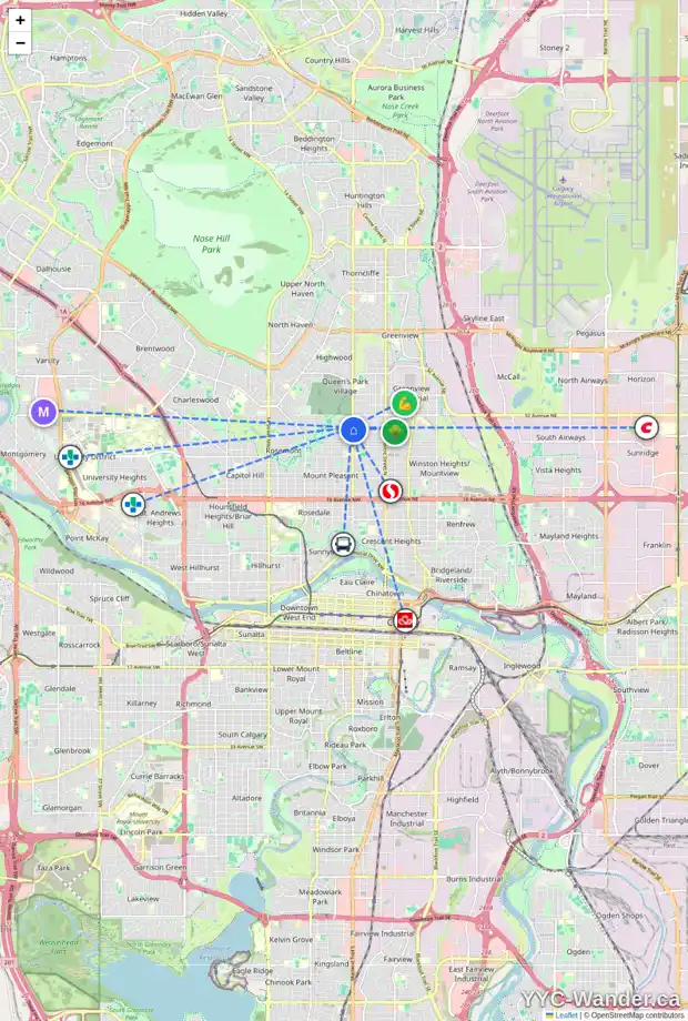 Daily accessibility map for 501 30 AV NW, Calgary showing nearby schools, grocery stores, parks, LRT stations and nearby amenities