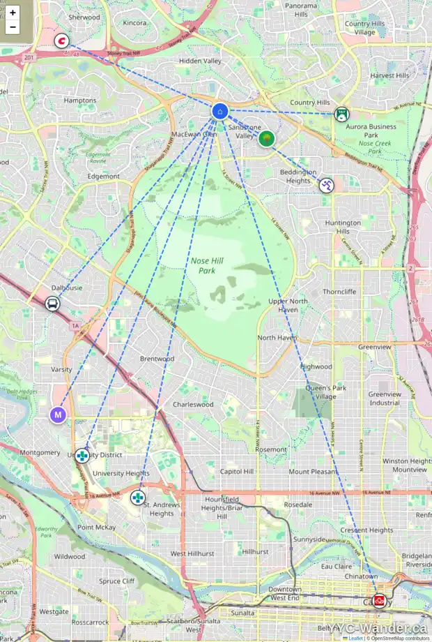 Daily accessibility map for 37 388 SANDARAC DR NW, Calgary showing nearby schools, grocery stores, parks, LRT stations and nearby amenities