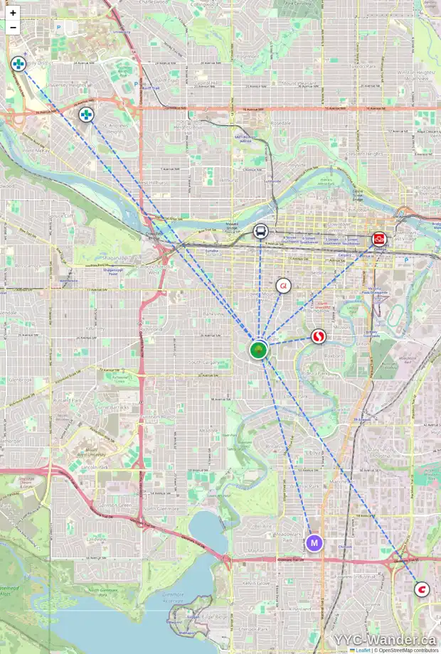 Daily accessibility map for 1110 TALON AV SW, Calgary showing nearby schools, grocery stores, parks, LRT stations and nearby amenities