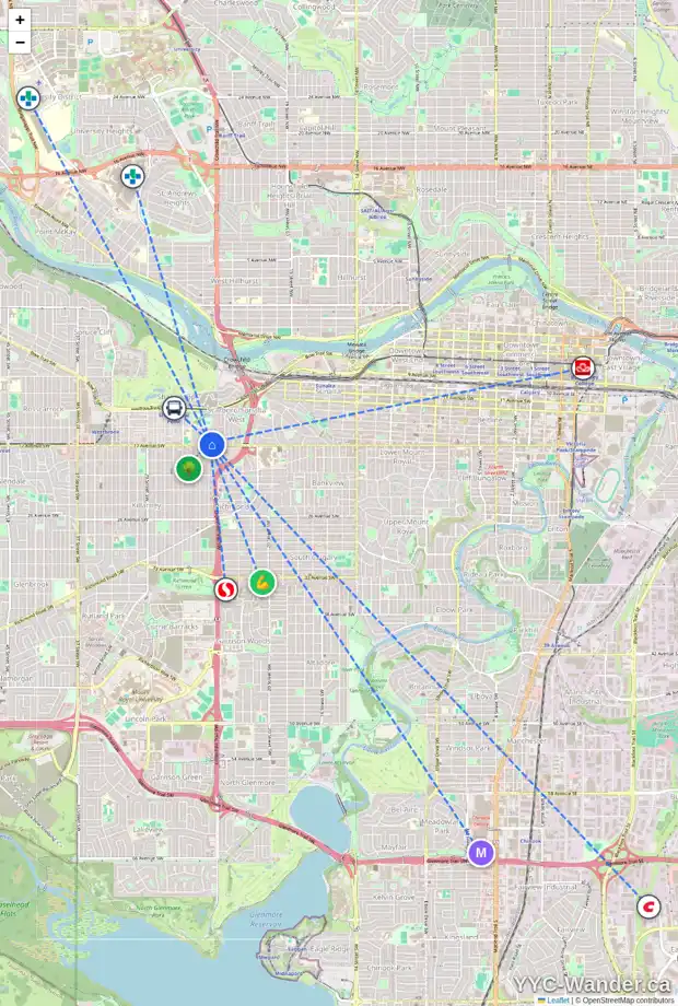 Daily accessibility map for 2522 17 AV SW, Calgary showing nearby schools, grocery stores, parks, LRT stations and nearby amenities