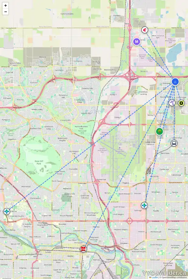 Daily accessibility map for 304 RED SKY VI NE, Calgary showing nearby schools, grocery stores, parks, LRT stations and nearby amenities