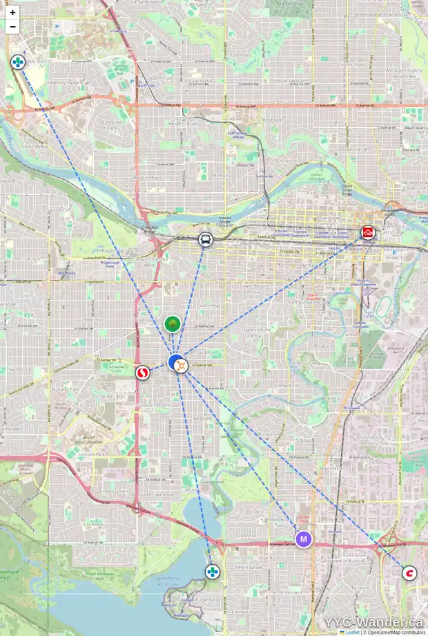 Daily accessibility map for 2017 32 AV SW, Calgary showing nearby schools, grocery stores, parks, LRT stations and nearby amenities