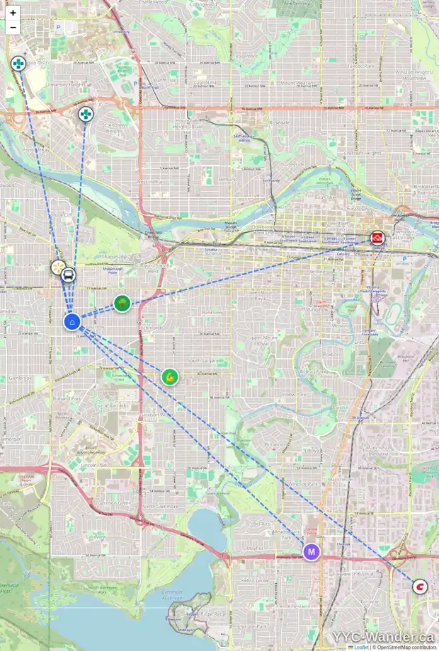 Daily accessibility map for 2413 33 ST SW, Calgary showing nearby schools, grocery stores, parks, LRT stations and nearby amenities