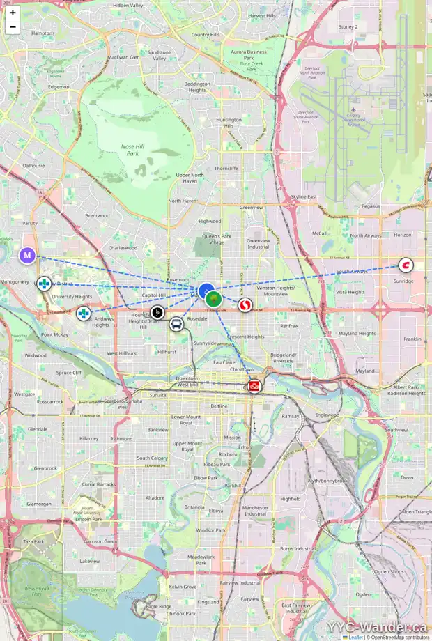 Daily accessibility map for 736 22 AV NW, Calgary showing nearby schools, grocery stores, parks, LRT stations and nearby amenities