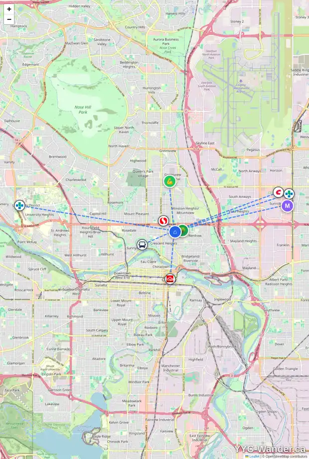 Daily accessibility map for 5 426 13 AV NE, Calgary showing nearby schools, grocery stores, parks, LRT stations and nearby amenities