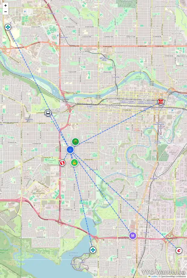 Daily accessibility map for 2935 21 ST SW, Calgary showing nearby schools, grocery stores, parks, LRT stations and nearby amenities
