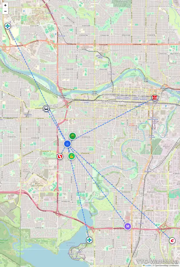 Daily accessibility map for 2204 29 AV SW, Calgary showing nearby schools, grocery stores, parks, LRT stations and nearby amenities