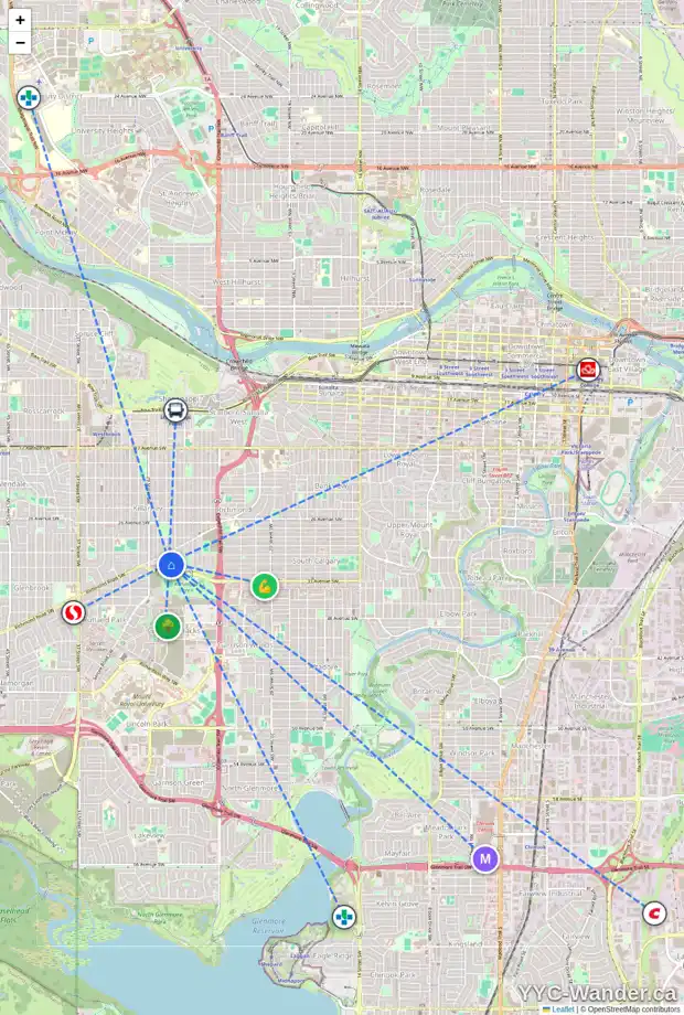 Daily accessibility map for 3224 27 ST SW, Calgary showing nearby schools, grocery stores, parks, LRT stations and nearby amenities