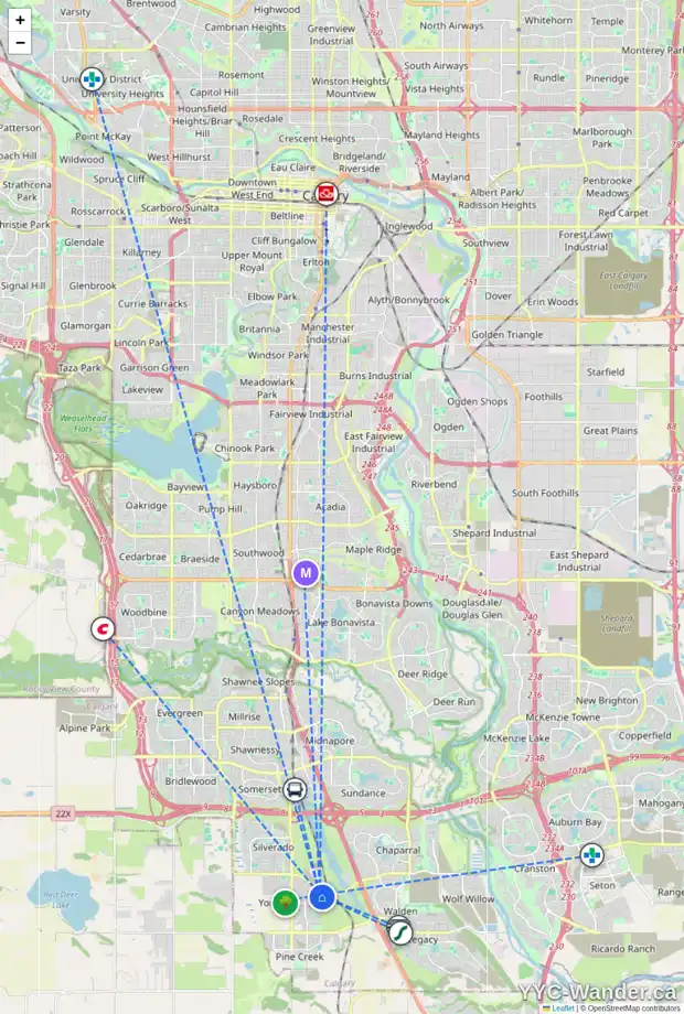Daily accessibility map for 337 194 AV SW, Calgary showing nearby schools, grocery stores, parks, LRT stations and nearby amenities