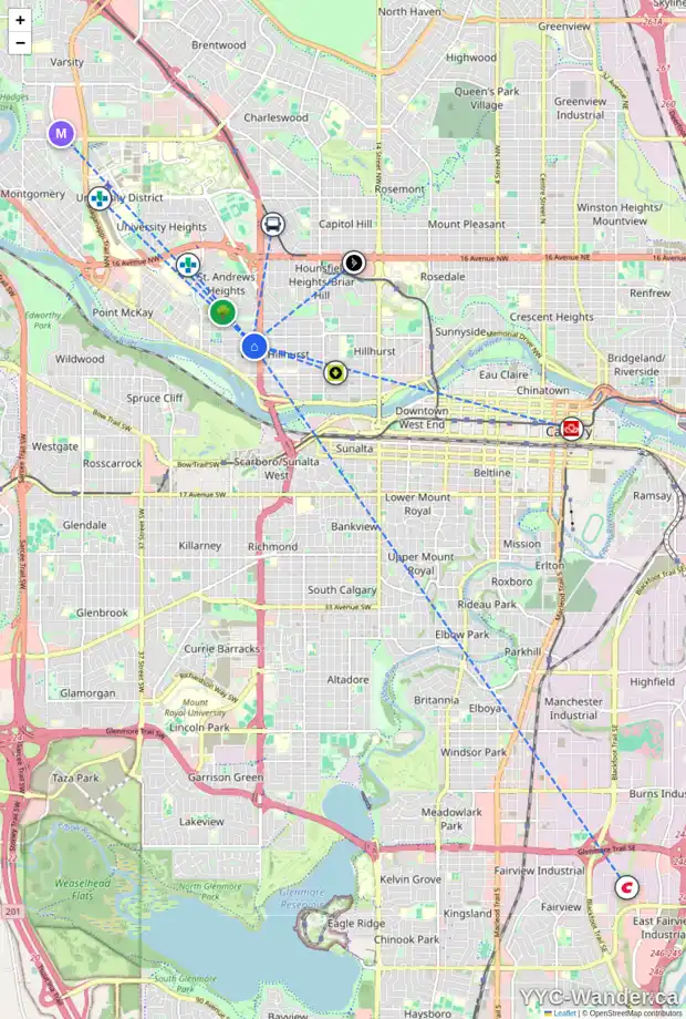 Daily accessibility map for 2530 4 AV NW, Calgary showing nearby schools, grocery stores, parks, LRT stations and nearby amenities