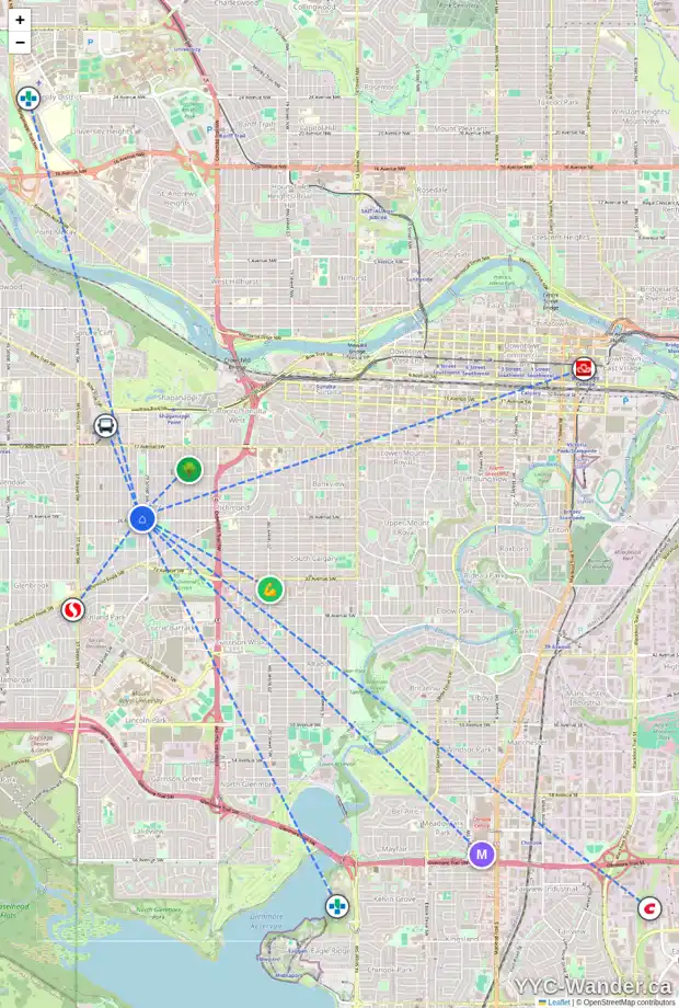 Daily accessibility map for 2632 30 ST SW, Calgary showing nearby schools, grocery stores, parks, LRT stations and nearby amenities