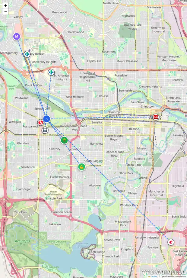 Daily accessibility map for 3343 SPRUCE DR SW, Calgary showing nearby schools, grocery stores, parks, LRT stations and nearby amenities