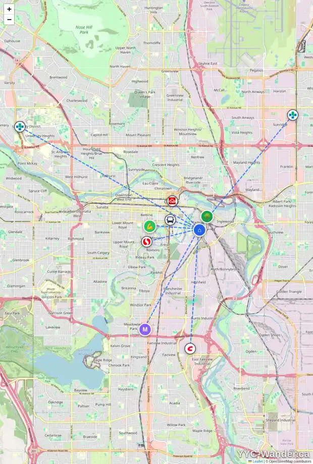 Daily accessibility map for 1 911 20 AV SE, Calgary showing nearby schools, grocery stores, parks, LRT stations and nearby amenities