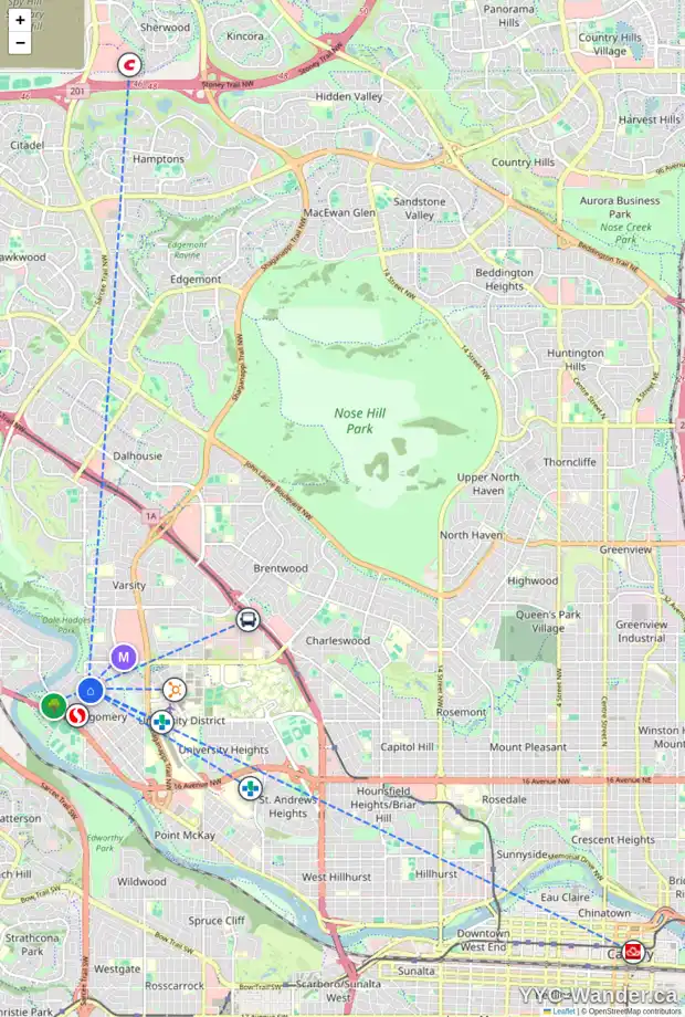 Daily accessibility map for 5030 20 AV NW, Calgary showing nearby schools, grocery stores, parks, LRT stations and nearby amenities