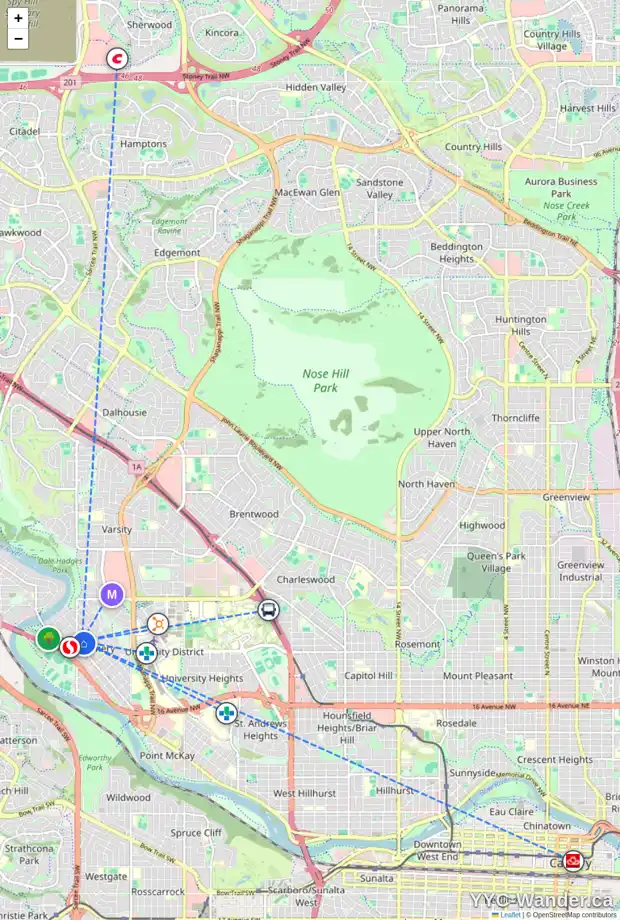Daily accessibility map for 4909 19 AV NW, Calgary showing nearby schools, grocery stores, parks, LRT stations and nearby amenities