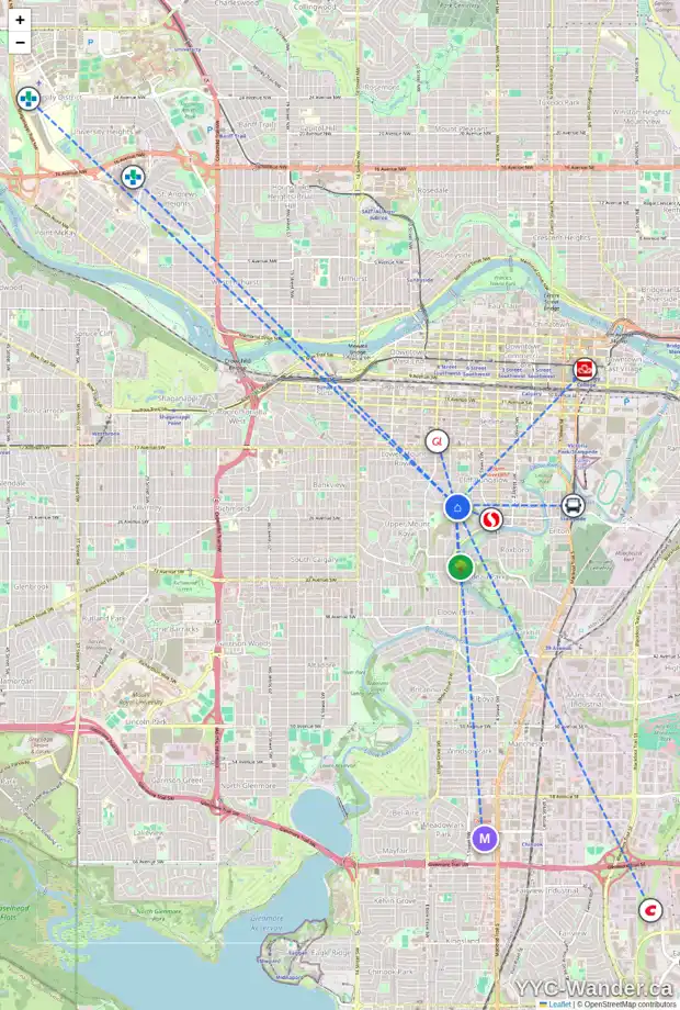 Daily accessibility map for 704 HILLCREST AV SW, Calgary showing nearby schools, grocery stores, parks, LRT stations and nearby amenities