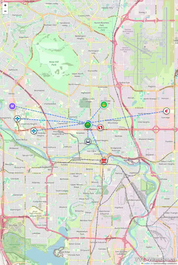 Daily accessibility map for 607 21 AV NW, Calgary showing nearby schools, grocery stores, parks, LRT stations and nearby amenities