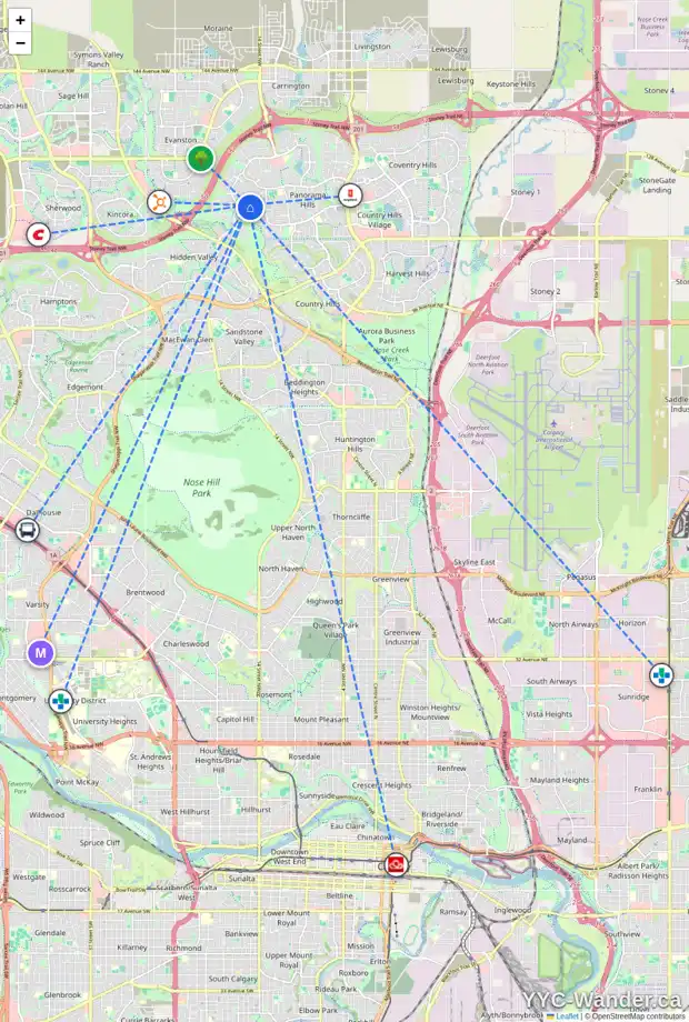 Daily accessibility map for 1720 HIDDEN CREEK WY NW, Calgary showing nearby schools, grocery stores, parks, LRT stations and nearby amenities