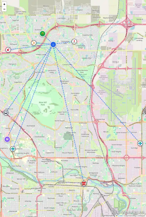 Daily accessibility map for 1711 HIDDEN CREEK WY NW, Calgary showing nearby schools, grocery stores, parks, LRT stations and nearby amenities