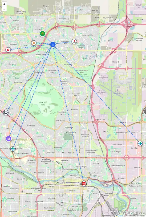 Daily accessibility map for 1719 HIDDEN CREEK WY NW, Calgary showing nearby schools, grocery stores, parks, LRT stations and nearby amenities