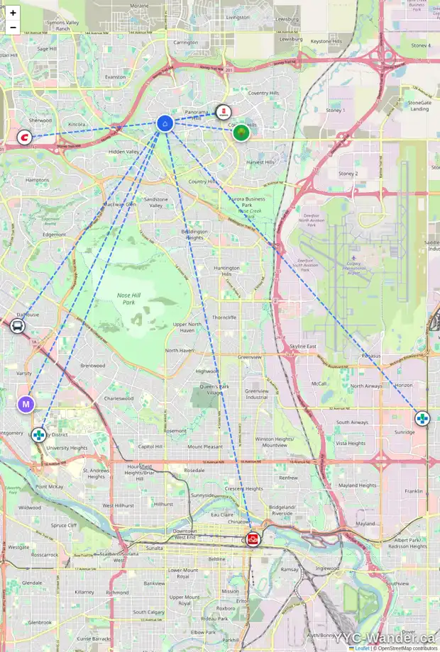 Daily accessibility map for 1609 HIDDEN CREEK WY NW, Calgary showing nearby schools, grocery stores, parks, LRT stations and nearby amenities
